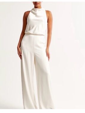 Abercrombie and Fitch Cream Satin Halter Wide-Leg Jumpsuit